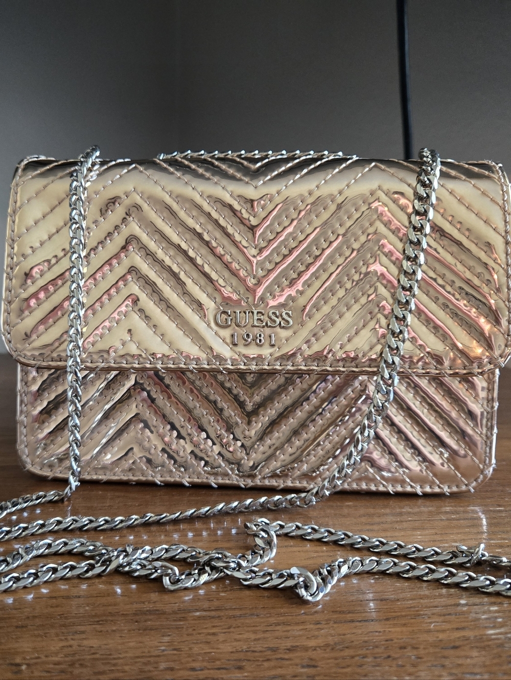 GUESS Metallic Rose Gold Quilted Crossbody with Chain Strap
